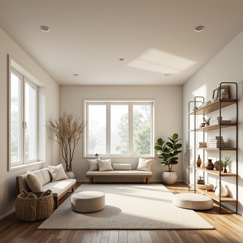 Prompt: Simple minimalist home interior, monochromatic color scheme, soft pastel hues, creamy whites, warm beiges, natural textures, reclaimed wood accents, industrial metal frames, cozy reading nooks, oversized windows, abundant natural light, subtle shadows, shallow depth of field, 1/1 composition, realistic renderings, ambient occlusion.