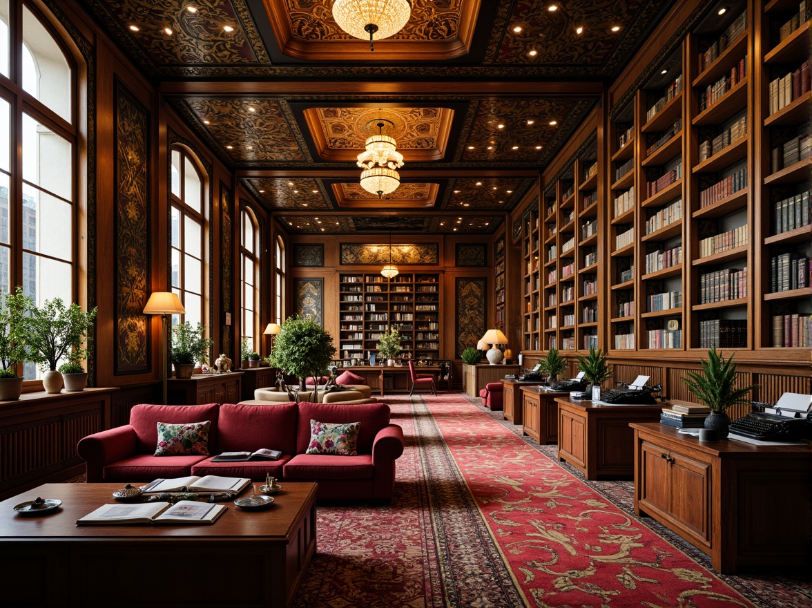 Prompt: Luxurious bookstore, opulent furniture, rich velvet upholstery, curved metallic frames, ornate wooden accents, geometric patterns, bold color schemes, lavish chandeliers, intricately designed shelves, vintage typewriters, classic novels, leather-bound books, warm golden lighting, shallow depth of field, 1/1 composition, symmetrical balance, ornamental details, nostalgic atmosphere.