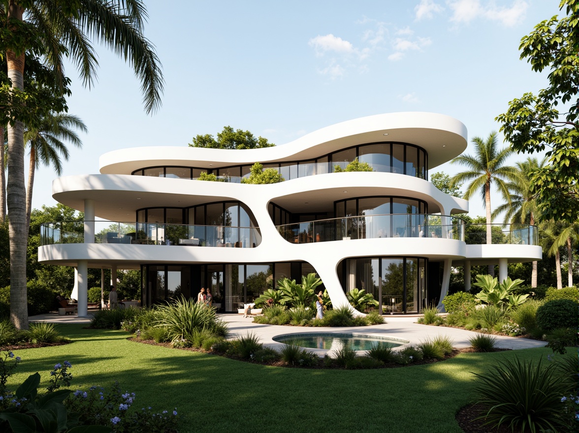 Prompt: Organic streamline moderne house, curved lines, flowing shapes, minimalist fa\u00e7ade, large windows, sliding glass doors, cantilevered roofs, white stucco exterior, sleek metal accents, lush greenery, tropical plants, sunny day, soft warm lighting, shallow depth of field, 1/1 composition, panoramic view, realistic textures, ambient occlusion.