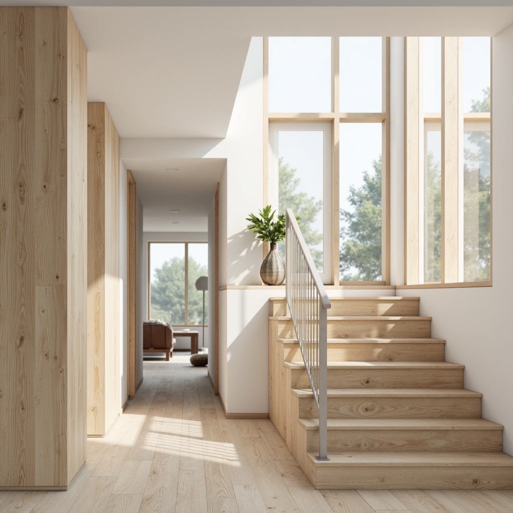 Prompt: Light-filled Scandinavian staircase, bleached wood tone, minimalistic design, slender metal railings, glass balustrades, natural oak flooring, white ash planks, matte finish, soft warm lighting, shallow depth of field, 1/1 composition, realistic textures, ambient occlusion, Nordic-inspired patterns, subtle grain details, airy atmosphere, open-plan layout.