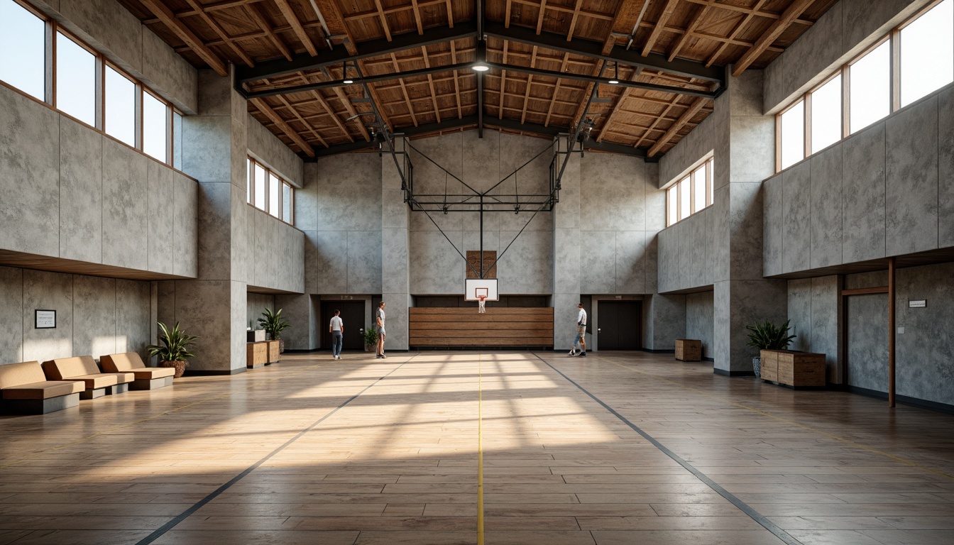 Prompt: Rugged gymnasium interior, brutalist architecture style, exposed concrete walls, industrial steel beams, minimalist lighting, open athletic space, basketball courts, volleyball nets, sports equipment storage, metal bleachers, wooden floorboards, natural stone accents, high ceilings, large windows, abundant natural light, soft shadows, 1/1 composition, realistic textures, ambient occlusion.