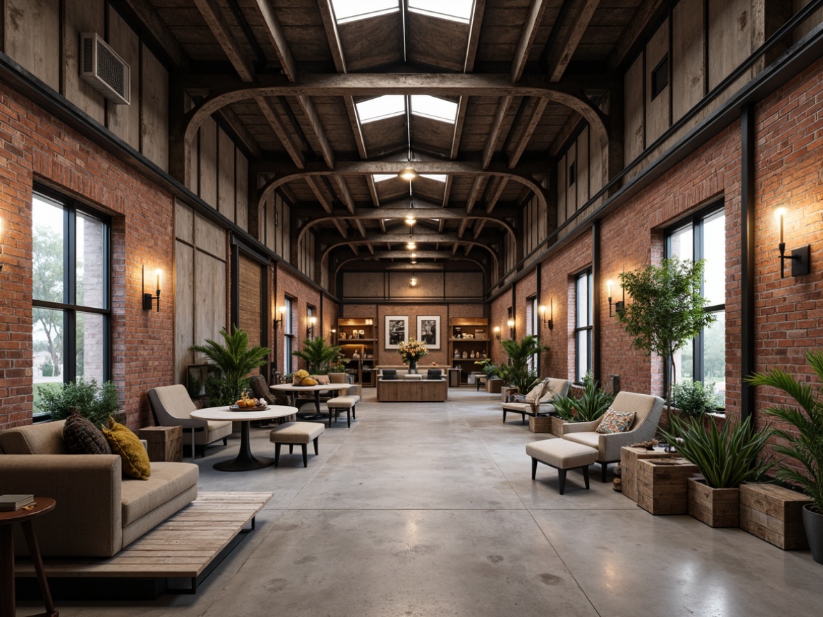 Prompt: Industrial warehouse setting, exposed brick walls, metal beams, concrete floors, reclaimed wood accents, industrial lighting fixtures, distressed textures, muted color palette, earthy tones, neutral backgrounds, weathered steel, rustic atmosphere, natural light, soft shadows, 3/4 composition, realistic rendering, ambient occlusion.