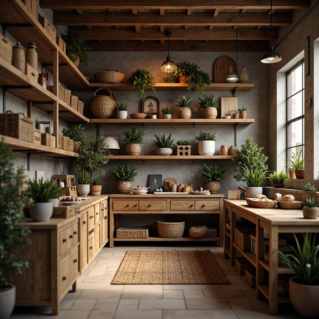 Prompt: Rustic craft room, wooden shelving units, distressed finishes, natural textures, earthy tones, vintage decorative items, woven baskets, potted plants, reclaimed wood accents, industrial metal brackets, exposed brick walls, cozy atmospheric lighting, soft warm glow, shallow depth of field, 3/4 composition, realistic textures, ambient occlusion.