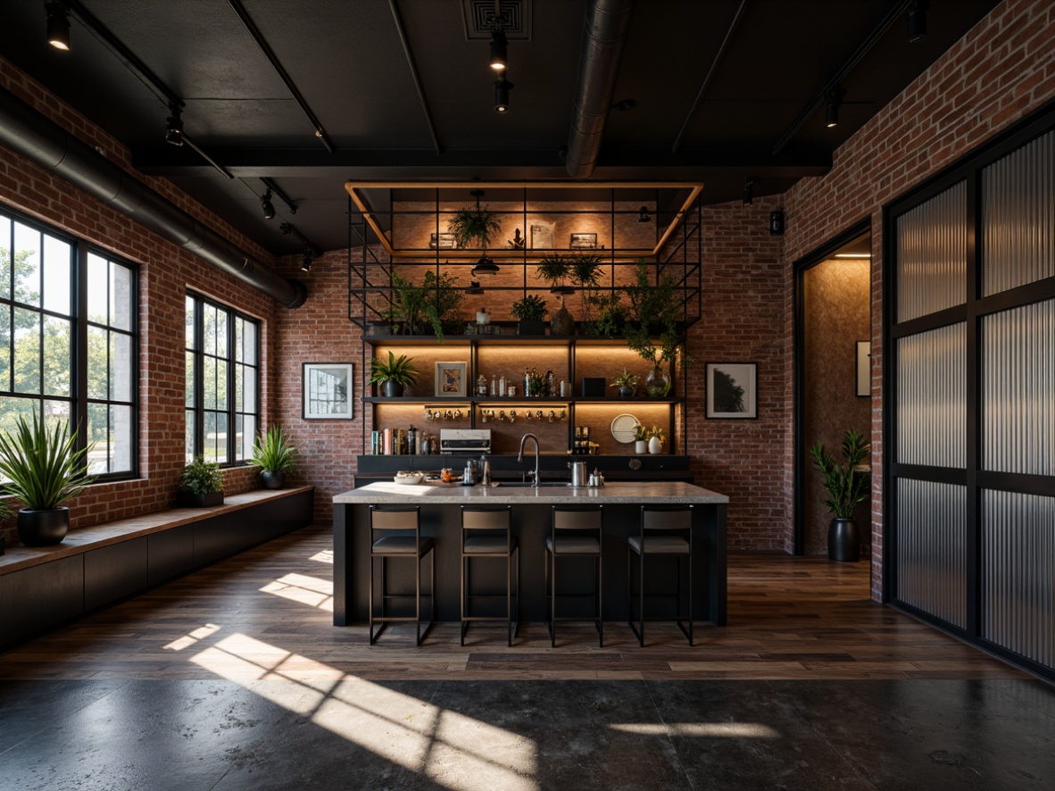 Prompt: Industrial chic interior, corrugated metal accents, distressed finishes, urban loft atmosphere, reclaimed wood textures, exposed brick walls, modern minimalist decor, matte black fixtures, polished chrome details, dramatic shadowing, high-contrast lighting, cinematic composition, shallow depth of field, 1/1 aspect ratio, realistic reflections, ambient occlusion.