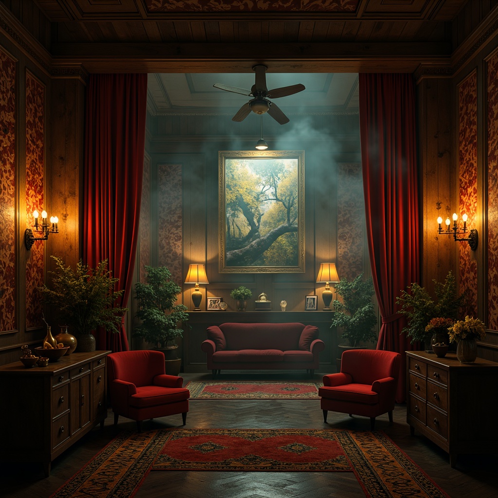 Prompt: Moody expressionist interior, dark wood accents, rich velvet fabrics, warm golden lighting, dimmable floor lamps, soft glowing sconces, atmospheric mist, eerie shadows, bold color contrasts, abstract geometric patterns, distressed textures, ornate metal fixtures, eclectic vintage decor, mysterious ambiance, cinematic composition, high contrast ratio, dramatic chiaroscuro, selective focus, vibrant colorful accents.