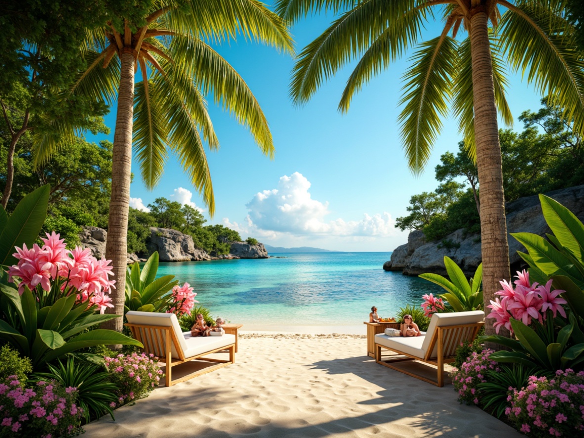 Prompt: Vibrant tropical oasis, lush green foliage, exotic flowers, warm sandy beaches, turquoise ocean waves, coral reefs, bright sunny day, soft warm lighting, shallow depth of field, 3/4 composition, panoramic view, realistic textures, ambient occlusion, pastel pink hues, minty fresh tones, citrusy yellow shades, sky blue accents, earthy brown undertones, natural wood textures, woven rattan furniture, colorful tiki decorations.