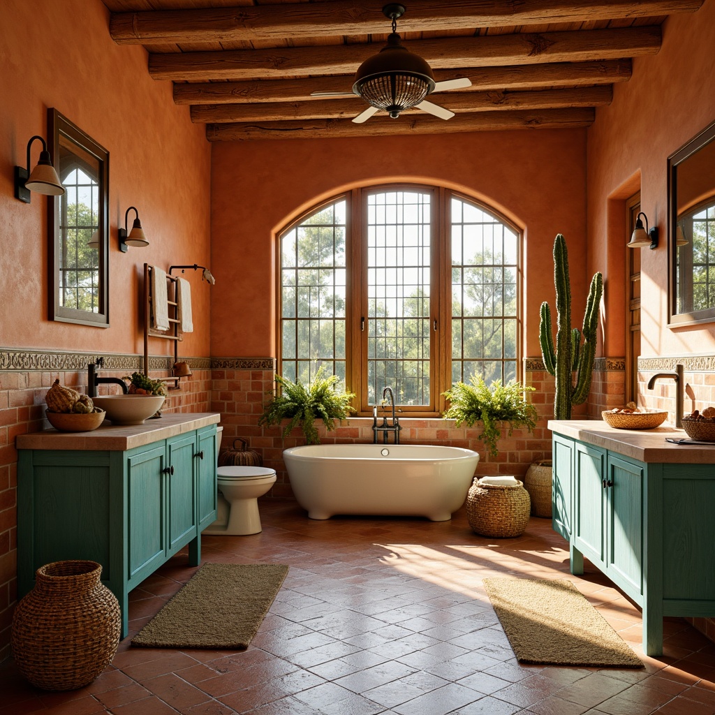 Prompt: Southwestern bathroom, warm earthy tones, rustic wooden cabinetry, distressed finishes, turquoise accents, woven baskets, natural stone countertops, ceramic tile flooring, Spanish-inspired architecture, arched windows, wrought iron fixtures, vibrant color schemes, bold geometric patterns, desert botanicals, cacti plants, warm golden lighting, soft shadows, shallow depth of field, 1/1 composition, realistic textures.