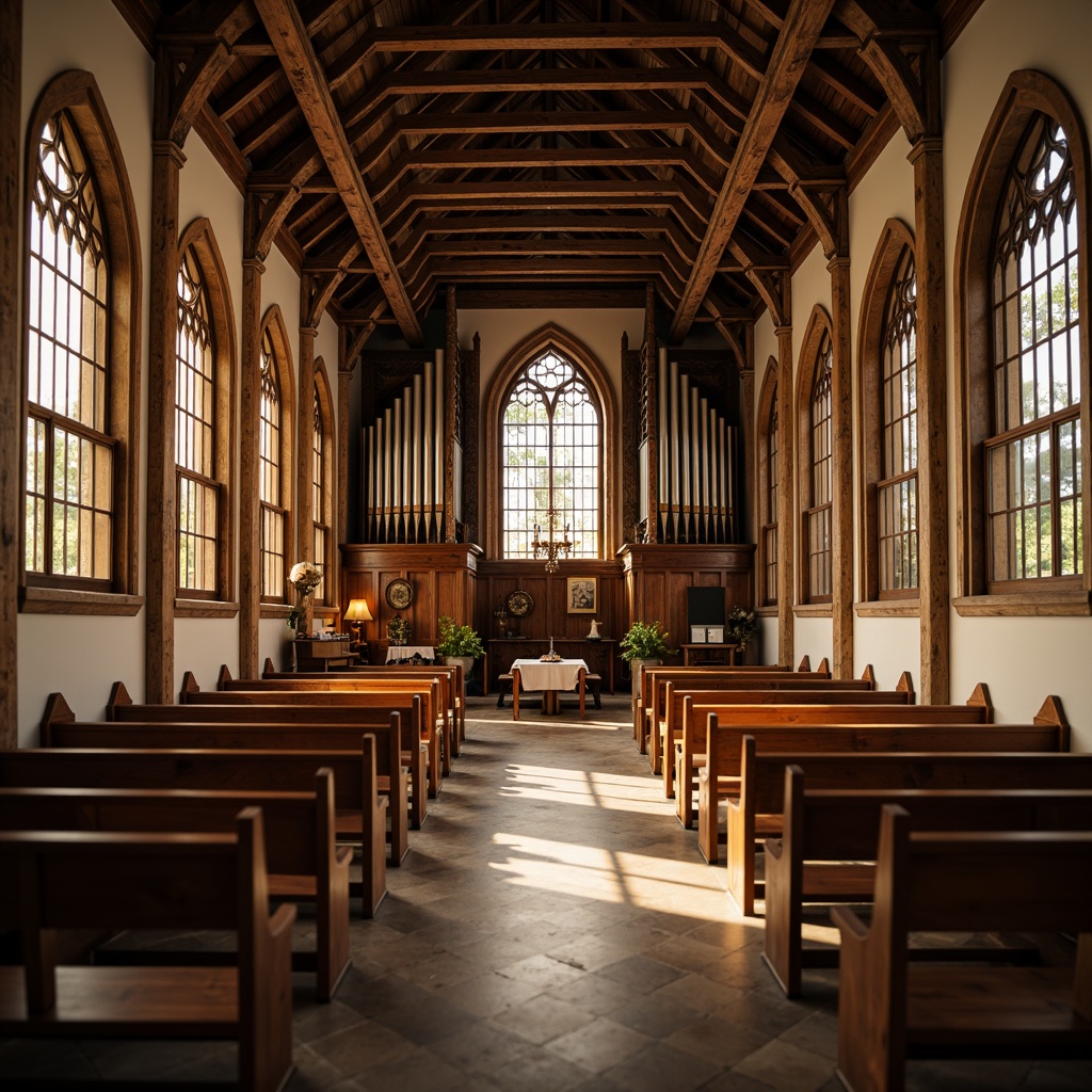 Prompt: Intricate wooden pews, ornate carvings, stained glass windows, vaulted ceilings, grand pipe organs, rustic wooden beams, warm candlelight, soft natural textures, traditional craftsmanship, medieval-inspired architecture, rich wood tones, handcrafted details, elegant simplicity, serene atmosphere, shallow depth of field, 1/1 composition, warm golden lighting, realistic wood grain.