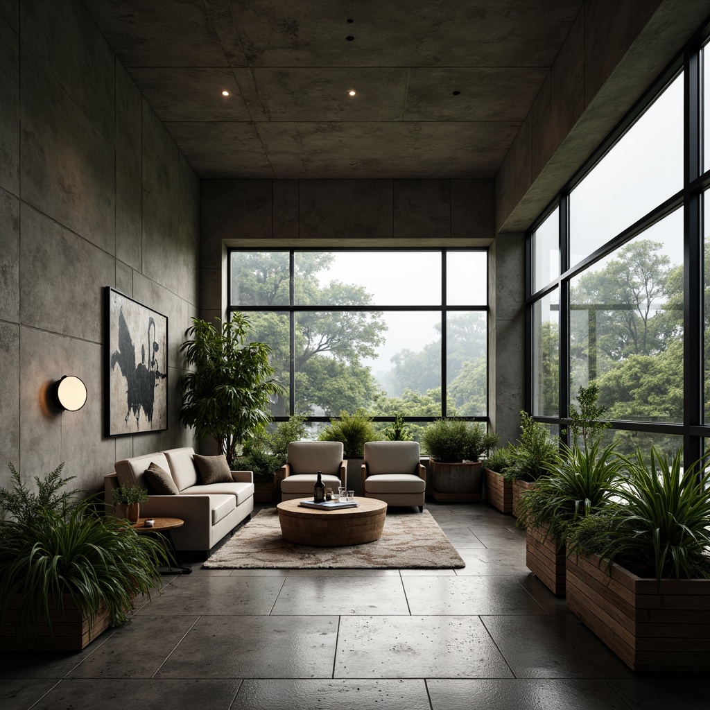 Prompt: Rugged sunroom, brutalist architecture, raw concrete walls, industrial metal frames, oversized windows, natural stone flooring, reclaimed wood accents, minimalist decor, monochromatic color scheme, dramatic lighting, low-hanging lamps, abstract artwork, urban jungle views, lush greenery, misty morning atmosphere, soft diffused light, 1/1 composition, symmetrical layout, high-contrast textures, subtle grain effect.