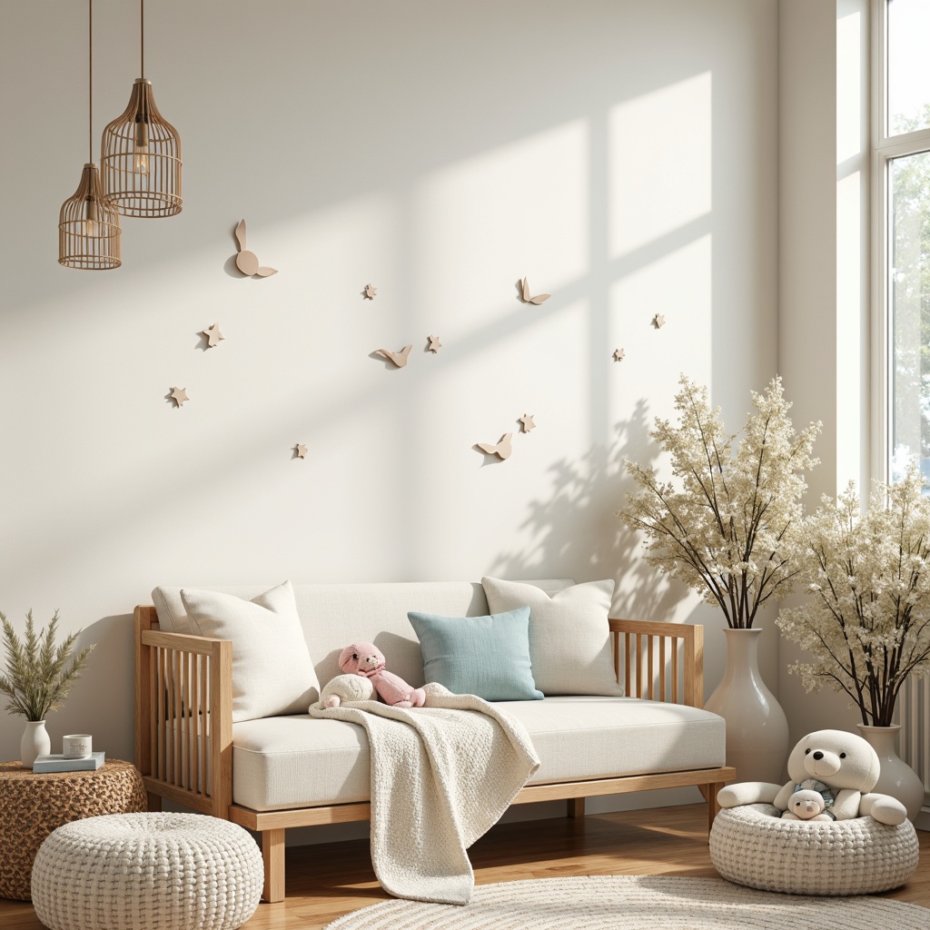 Prompt: Soft pastel hues, gentle nursery ambiance, calming creamy whites, soothing pale blues, warm beige tones, natural wood accents, plush toys, delicate florals, tender greenery, whimsical wall decals, cozy throw blankets, rounded furniture edges, softbox lighting, shallow depth of field, 1/1 composition, serene atmosphere, realistic textures.