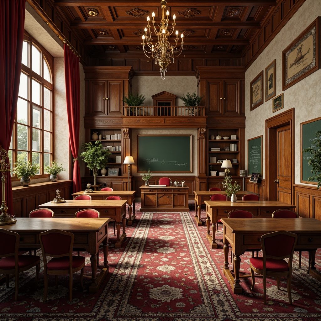 Prompt: Renaissance-style classroom, ornate wooden desks, velvet-upholstered chairs, intricately carved wooden cabinets, richly textured stone walls, grandiose chandeliers, warm golden lighting, luxurious thick curtains, majestic wooden doors, sophisticated floor lamps, refined bookshelves, elegant teacher's desk, vintage-inspired blackboards, traditional educational posters, ornamental vases, lavish area rugs, soft warm color palette, shallow depth of field, 1/2 composition, realistic textures, ambient occlusion.