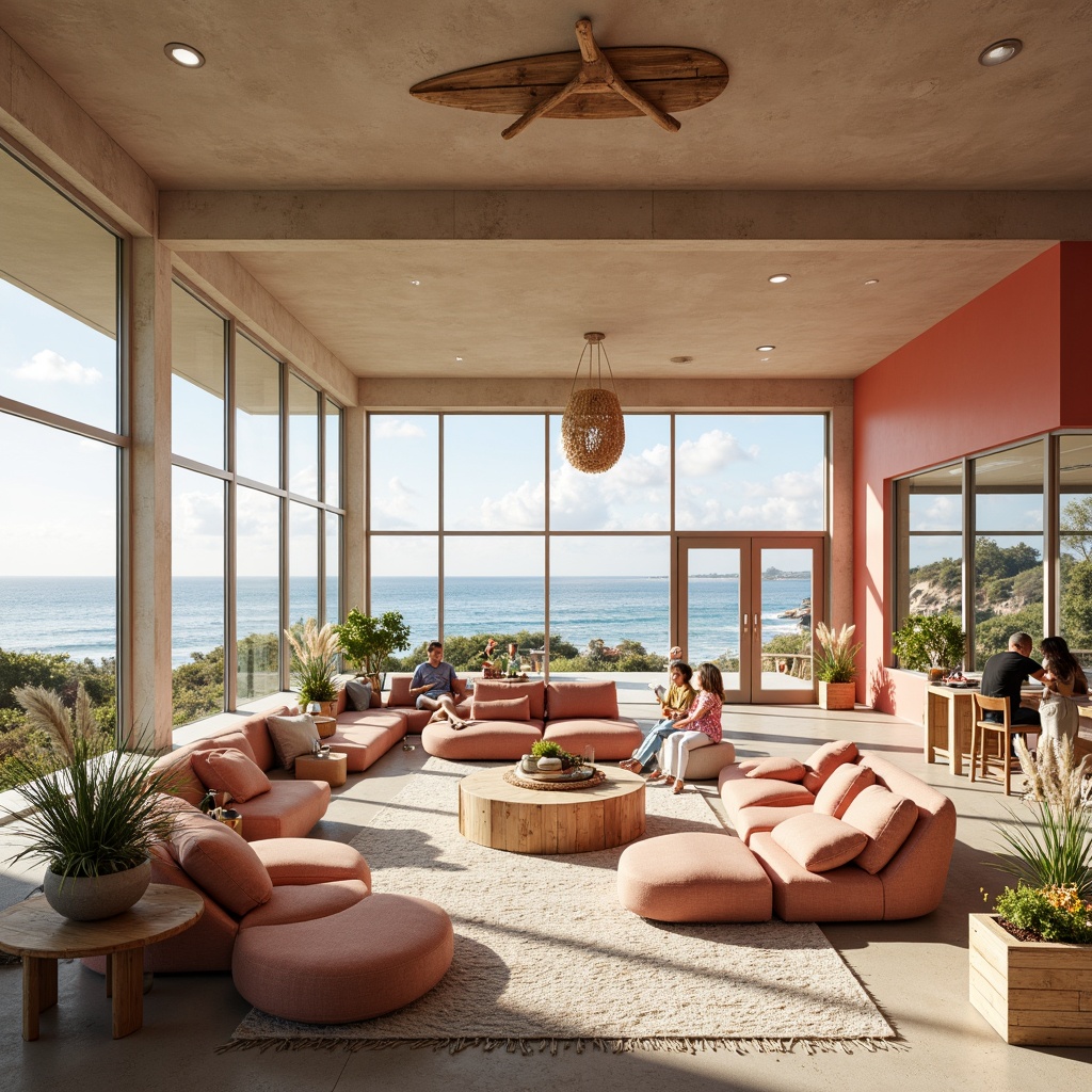 Prompt: Coastal youth center, large windows, sliding glass doors, natural light, ocean views, beachy vibes, driftwood accents, reclaimed wood furniture, nautical ropes, surfboard-inspired decor, coral-colored walls, sea-salt scented air, calming atmosphere, minimalist design, open floor plan, communal lounge areas, comfortable seating nooks, warm beige tones, soft pastel hues, laid-back ambiance, sunny day, shallow depth of field, 3/4 composition, panoramic view, realistic textures, ambient occlusion.