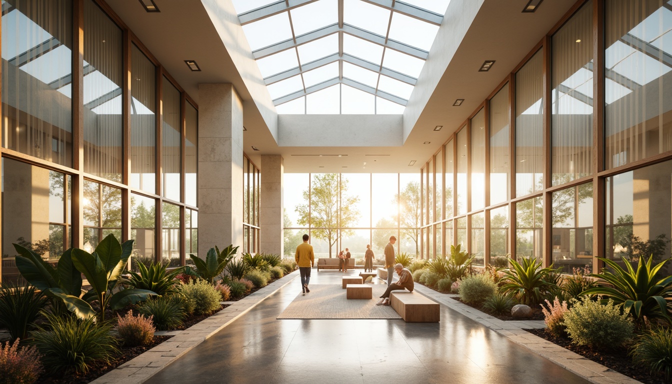 Prompt: Soft warm daylight, large windows, transparent glass facades, minimal shading devices, open floor plans, airy atriums, clerestory roofs, skylights, solar tubes, bright interior spaces, reflective surfaces, matte finishes, subtle color palettes, natural textures, organic materials, earthy tones, calming ambiance, serene atmosphere, 1/1 composition, high-key lighting, shallow depth of field, realistic renderings.