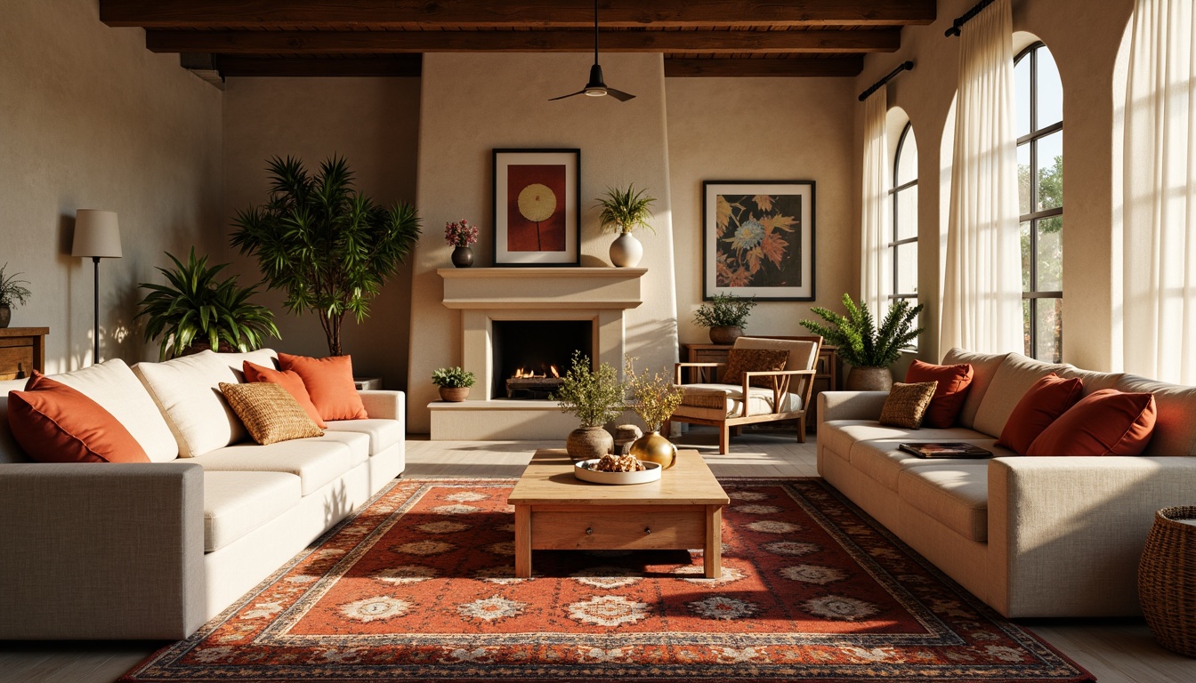 Prompt: Cozy living room, plush throw pillows, soft velvet fabrics, warm beige tones, natural linen textures, rustic wooden accents, comfortable oversized armchairs, woven baskets, vibrant colorful patterns, intricate geometric motifs, luxurious Moroccan-inspired rugs, ambient warm lighting, shallow depth of field, 1/1 composition, realistic material details.