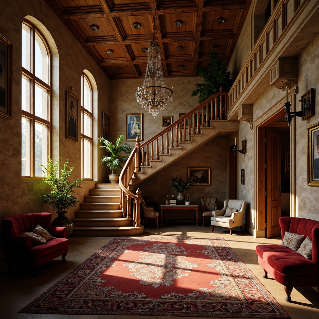 Prompt: Renaissance-style interior, ornate chandeliers, warm golden lighting, soft candlelight, intricate stone carvings, grand staircases, lavish furnishings, rich velvet fabrics, ornamental mirrors, tall windows, natural daylight, dramatic shadowing, high contrast ratio, 1/1 composition, shallow depth of field, realistic textures, ambient occlusion.