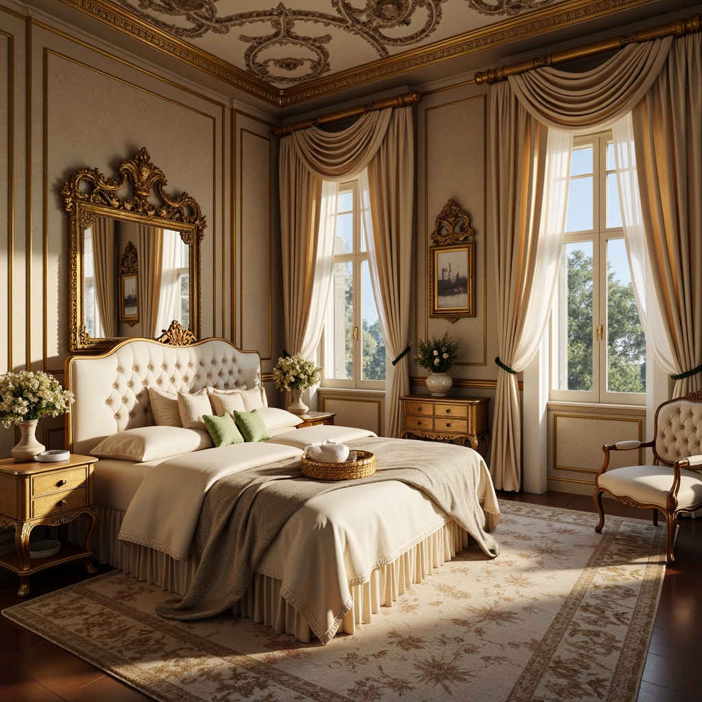 Prompt: Opulent boudoir, soft golden lighting, lavish velvet fabrics, ornate gilded frames, delicate porcelain vases, intricate lace patterns, pastel hues, creamy whites, rich jewel tones, luxurious silk drapes, carved wooden paneling, whimsical fresco ceilings, ornamental mirrors, delicate florals, subtle sheen, warm beige tones, antique furniture pieces, elegant curved lines, dramatic drapery, lavish tufted upholstery, sophisticated Neoclassicism, refined Baroque elements.