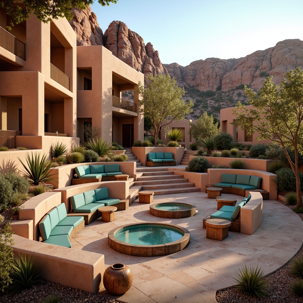 Prompt: Southwestern amphitheater, warm sandy tones, curved stone seating, vibrant turquoise accents, natural rock formations, tiered audience areas, cozy conversation pits, plush desert-inspired upholstery, reclaimed wood benches, rustic metal frames, colorful woven textiles, lantern-style lighting, warm golden hour, soft evening ambiance, shallow depth of field, 1/2 composition, panoramic view, realistic textures, ambient occlusion.