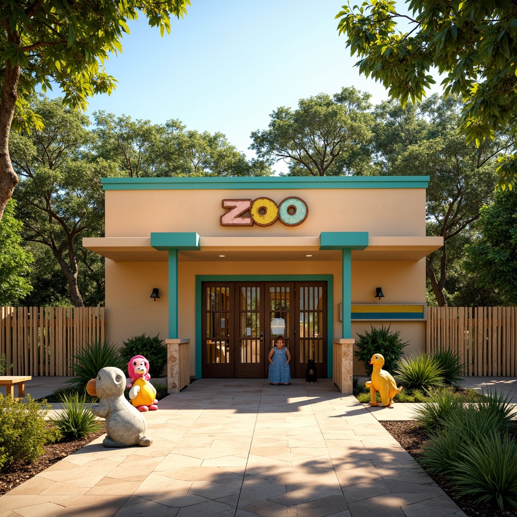 Prompt: Vibrant zoo entrance, mid-century modern architecture, warm beige walls, playful turquoise accents, natural wooden fences, lush greenery, tropical plants, sunny day, soft warm lighting, shallow depth of field, 3/4 composition, realistic textures, ambient occlusion, retro-style signage, fun colorful animal sculptures, geometric patterned tiles, organic shapes, earthy tones, rustic metal gates, welcoming outdoor spaces, family-friendly atmosphere.