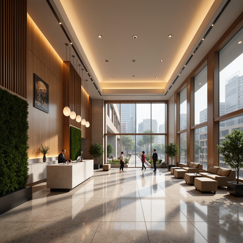 Prompt: Minimalist hotel lobby, sleek reception desk, polished marble floors, warm ambient lighting, suspended LED fixtures, modern pendant lights, recessed ceiling lights, subtle color palette, natural materials, wooden accents, geometric patterns, comfortable seating areas, greenery walls, floor-to-ceiling windows, cityscape views, soft morning light, 1/1 composition, realistic reflections, atmospheric rendering.