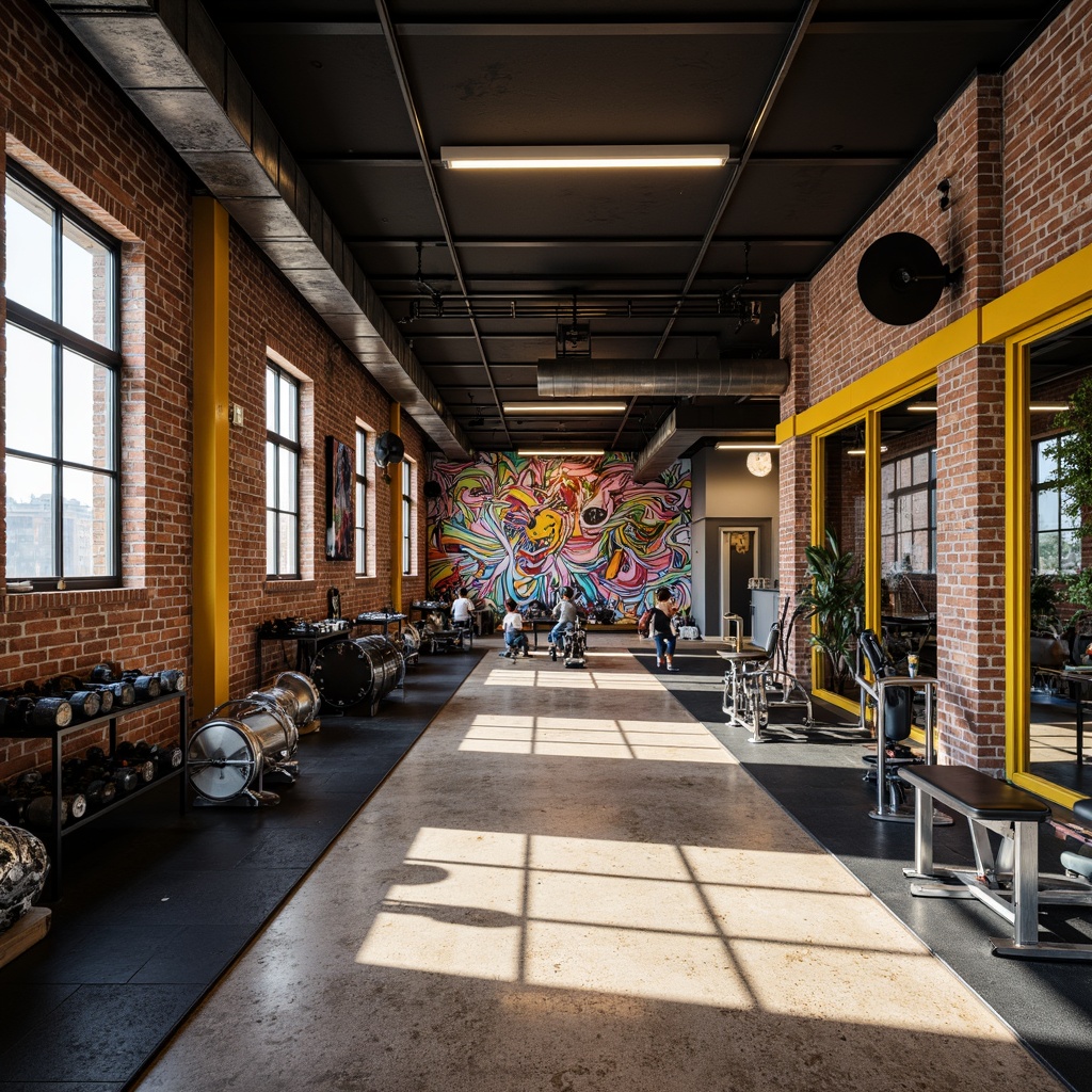 Prompt: Vibrant home gym, industrial-chic atmosphere, exposed brick walls, polished concrete floors, reclaimed wood accents, eclectic expressionist artwork, bold color schemes, dynamic lighting fixtures, floor-to-ceiling mirrors, professional-grade exercise equipment, abstract sculptures, geometric patterns, metallic surfaces, edgy urban feel, open-plan layout, functional zones, flexible storage solutions, textured rugs, natural stone features, modern minimalist decor, high ceilings, oversized windows, softbox lighting, shallow depth of field, 1/2 composition, realistic textures.