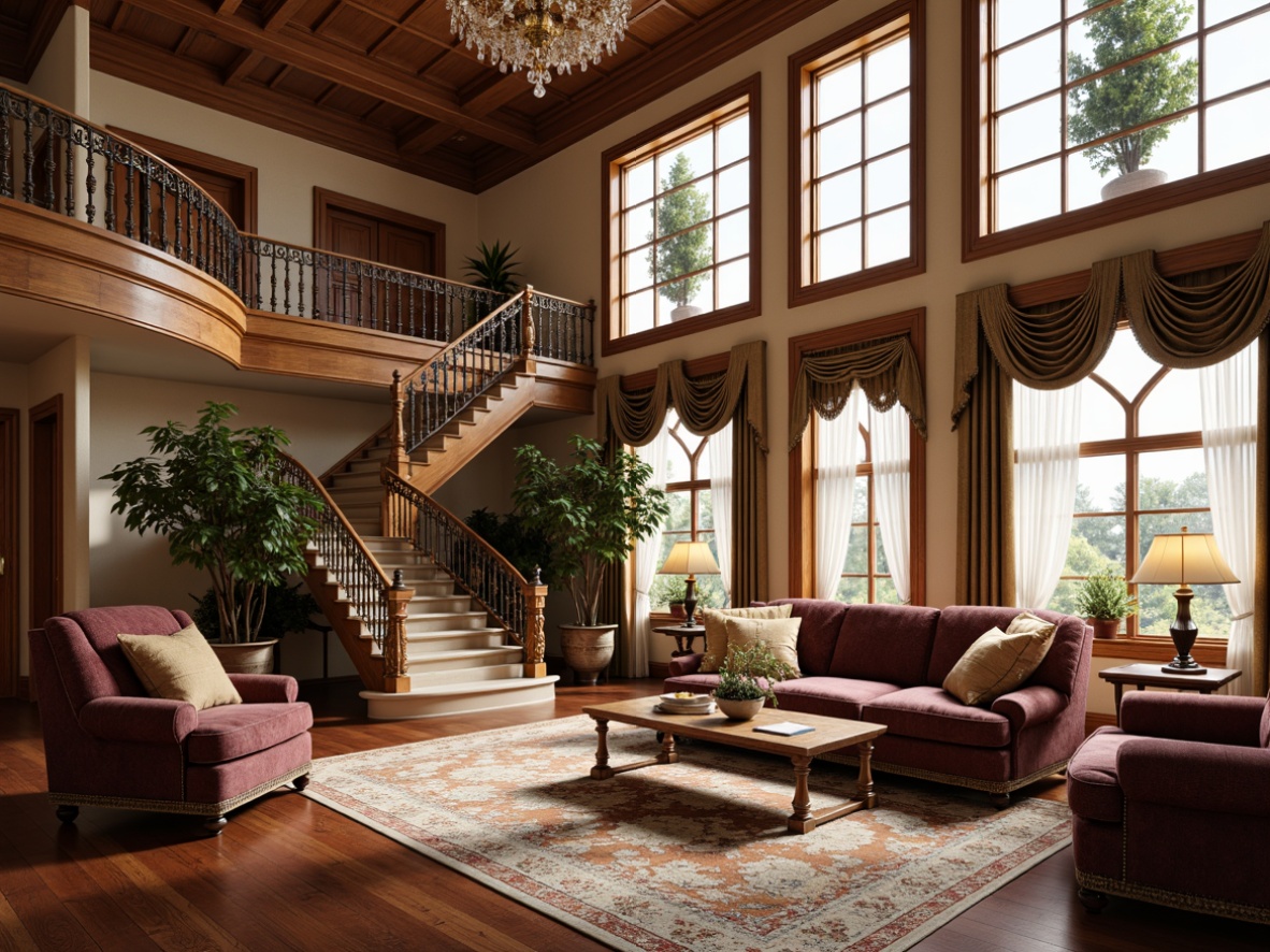 Prompt: Classic traditional mansion, ornate furnishings, rich wood tones, velvet upholstery, carved wooden legs, golden accents, crystal chandeliers, plush area rugs, formal living room, grand staircase, high ceilings, large windows, soft natural light, warm beige walls, elegant drapery, subtle patterned fabrics, refined lines, classic proportions, sophisticated color palette, inviting ambiance, shallow depth of field, 1/1 composition, realistic textures, ambient occlusion.