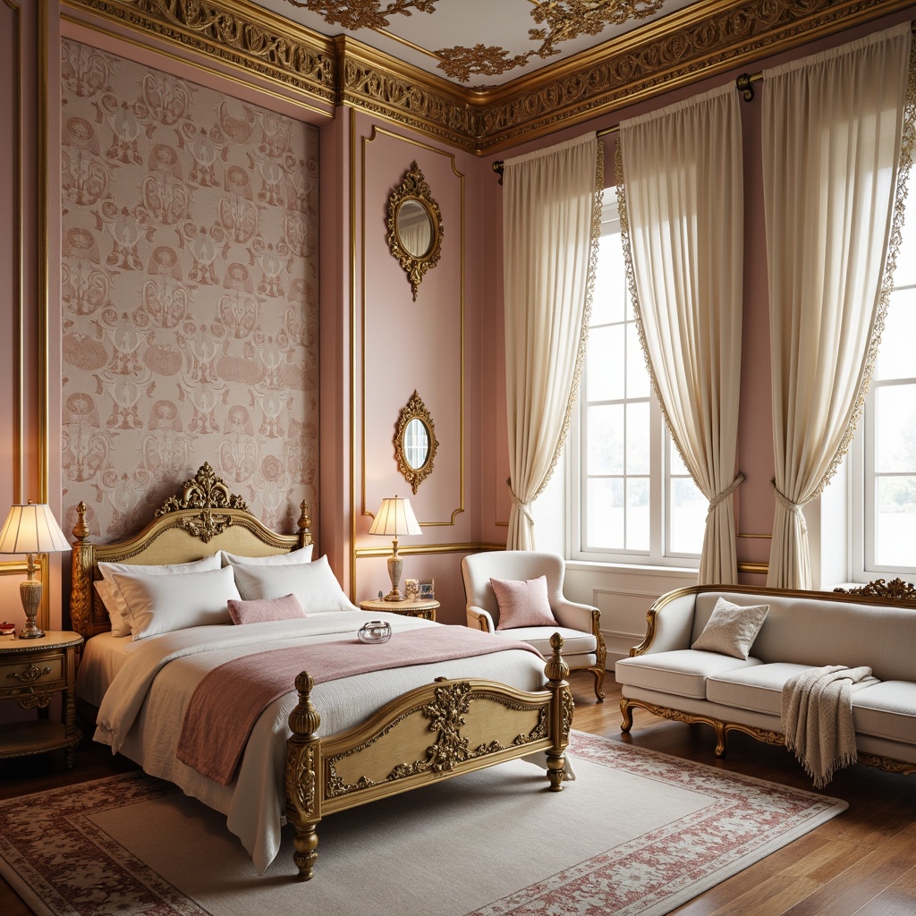 Prompt: Luxurious boudoir, ornate furnishings, soft velvety fabrics, delicate lace trims, feminine pastel hues, pale pink accents, creamy whites, rich gold leafing, intricate carvings, plush area rugs, Baroque-inspired patterns, lavish drapery, warm candlelight, shallow depth of field, 1/2 composition, romantic ambiance, realistic textures, ambient occlusion.