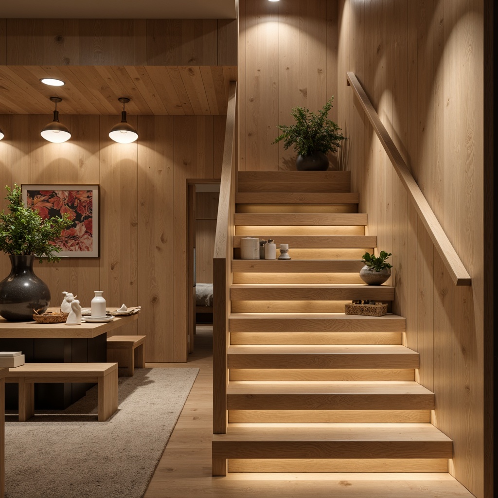 Prompt: Minimalist Scandinavian staircase, sleek handrail design, natural oak wood tones, soft warm lighting, LED strip lights, recessed floor lamps, pendant light fixtures, frosted glass shades, brushed metal accents, Nordic-inspired decor, cozy atmospheric ambiance, 1/1 composition, shallow depth of field, realistic textures, ambient occlusion.