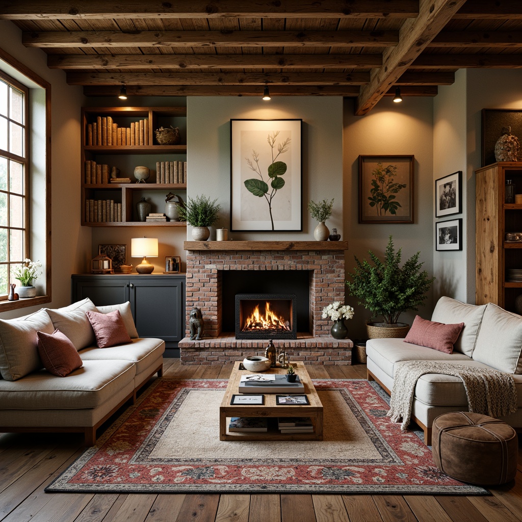 Prompt: Cozy living room, rustic wooden furniture, vintage decorative items, earthy color palette, woven textiles, natural fabrics, linen upholstery, velvet throw pillows, cable-knit blankets, chunky rugs, warm fireplaces, rich wood tones, exposed brick walls, industrial-chic lighting fixtures, reclaimed wood accents, nature-inspired artwork, botanical prints, warm golden lighting, shallow depth of field, 1/1 composition, intimate atmosphere.