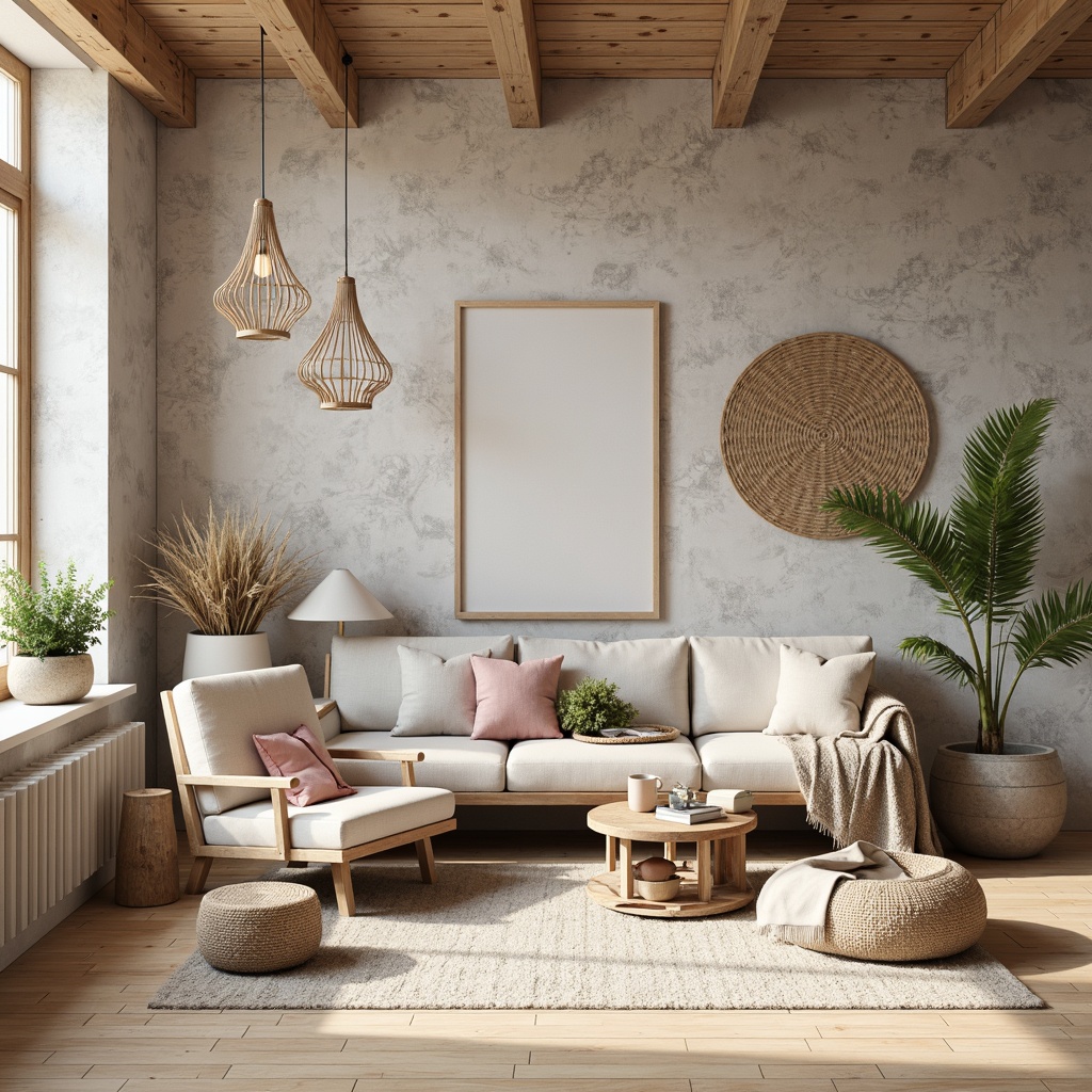 Prompt: Natural stone walls, wooden accents, light-colored hardwood floors, minimalist furniture, soft pastel hues, cozy throw blankets, woven baskets, pendant lamps, greenery-filled planters, Nordic-inspired patterns, organic shapes, earthy color palette, warm ambient lighting, shallow depth of field, 1/1 composition, realistic textures, ambient occlusion.