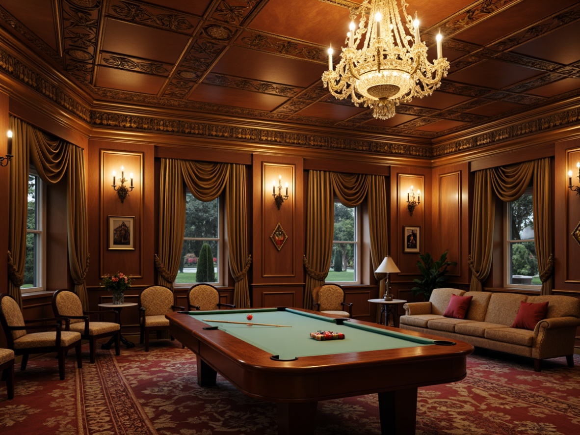 Prompt: \Elegant game room, ornate chandeliers, soft warm lighting, golden accents, rich wood paneling, intricate moldings, luxurious fabrics, classic furniture pieces, grandiose scale, symmetrical composition, 1/1 aspect ratio, cinematic lighting, subtle color grading, realistic textures, ambient occlusion, Renaissance-inspired patterns, lavish decorations, refined details.\