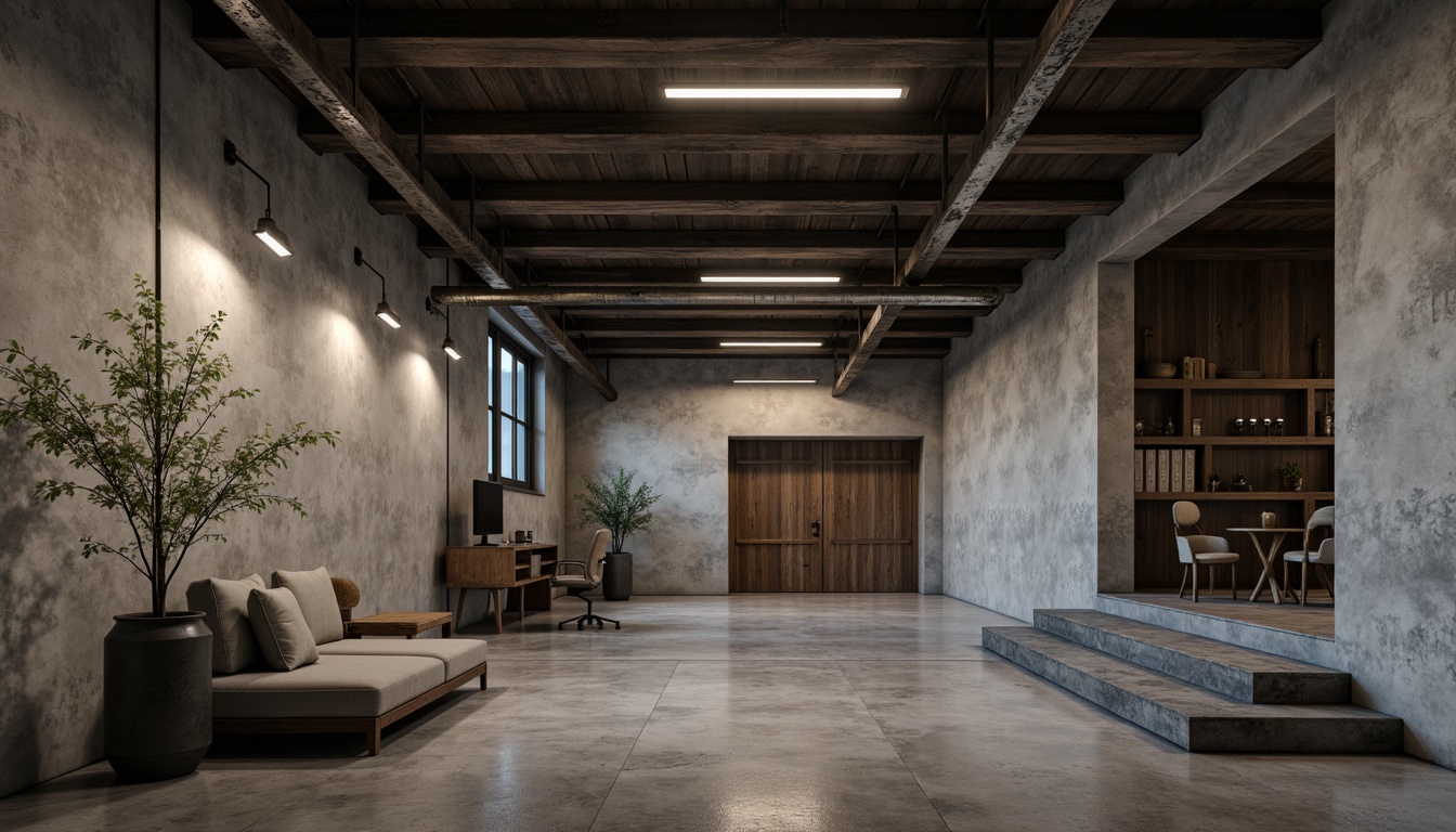 Prompt: Rough-hewn concrete walls, industrial metal beams, exposed ductwork, minimalist decor, monochromatic color scheme, muted earth tones, weathered wood accents, industrial-style lighting fixtures, brutalist architectural influences, cold atmospheric ambiance, high-contrast shadows, dramatic spotlights, cinematic composition, gritty textures, realistic renderings.