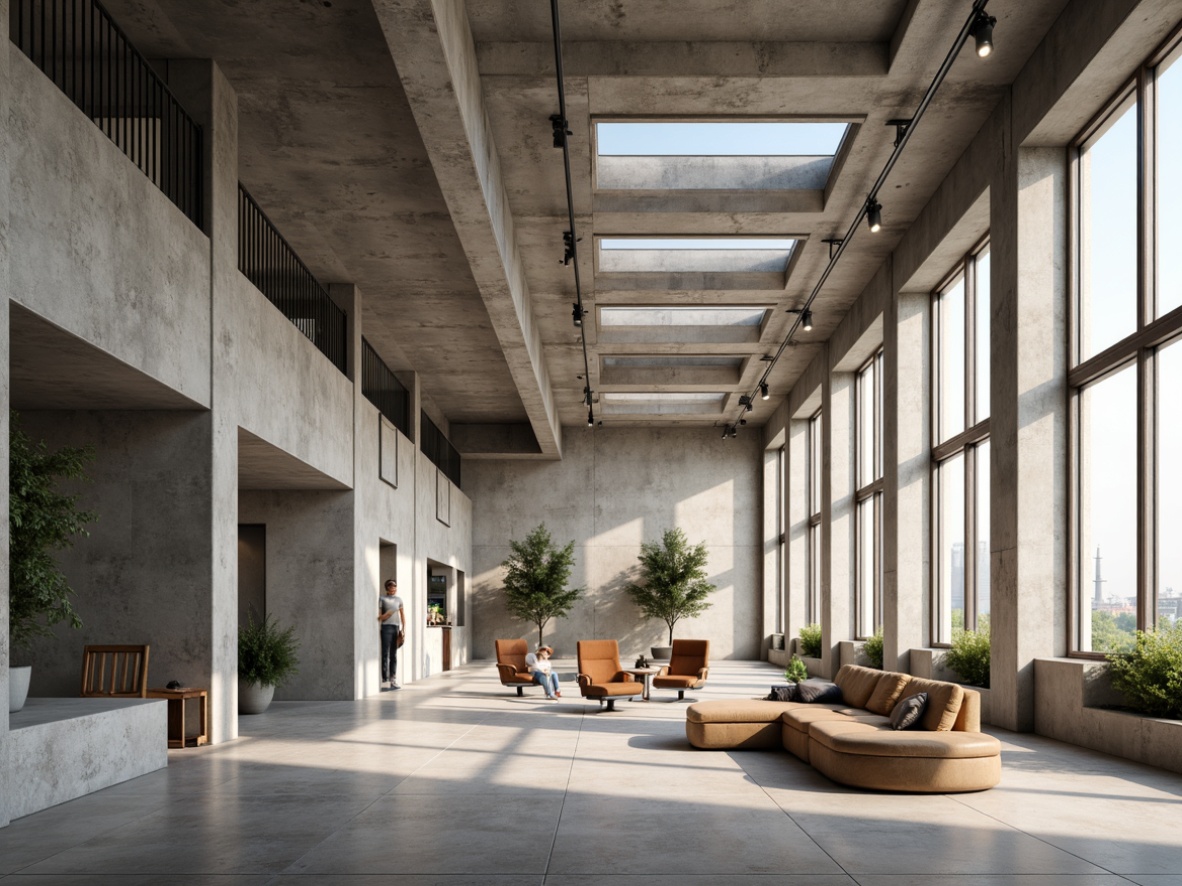 Prompt: Exposed concrete walls, industrial metal beams, polished concrete floors, minimalist furniture, simple geometric shapes, monochromatic color scheme, abundant natural light, clerestory windows, brutalist architectural style, functional decor, sparse greenery, subtle textures, soft warm lighting, shallow depth of field, 3/4 composition, realistic render, ambient occlusion.