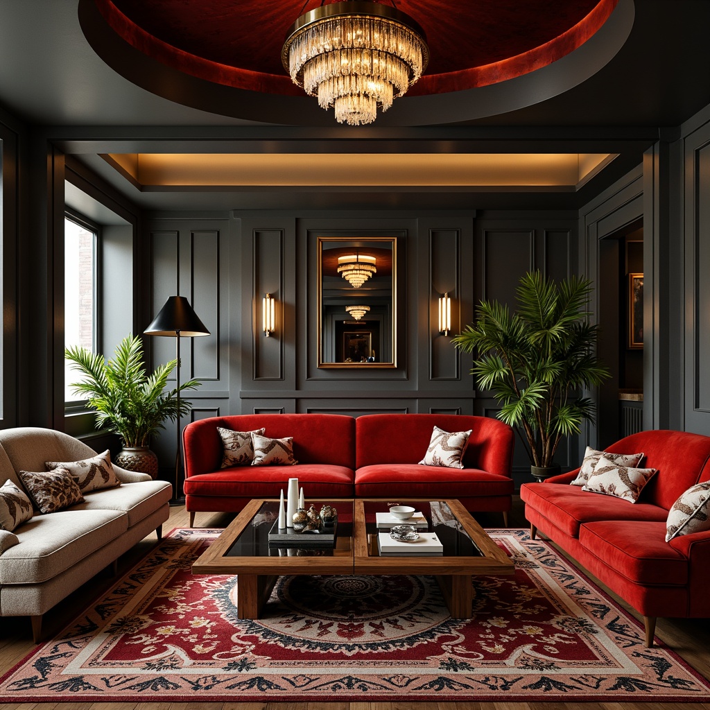 Prompt: Luxurious velvet sofas, ornate metal frames, polished chrome accents, geometric patterned rugs, sleek wooden coffee tables, curved lines, minimalist ornamentation, bold color schemes, opulent fabrics, lavish textiles, metallic leaf patterns, beveled glass mirrors, crystal chandeliers, high-gloss finishes, sculptural shapes, sunburst motifs, zigzag designs, stepped silhouettes, rich jewel tones, atmospheric warm lighting, dramatic floor lamps, stylized typography.