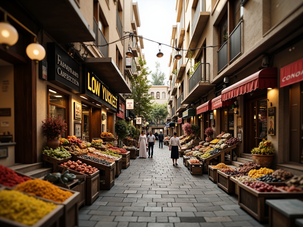 Prompt: Vibrant street market, eclectic mix of cultures, ornate architectural details, distressed stonework, rustic wooden accents, vintage signage, colorful lanterns, exotic spices, fresh produce stands, lively street performers, warm golden lighting, shallow depth of field, 1/1 composition, dynamic camera angles, realistic textures, ambient occlusion.