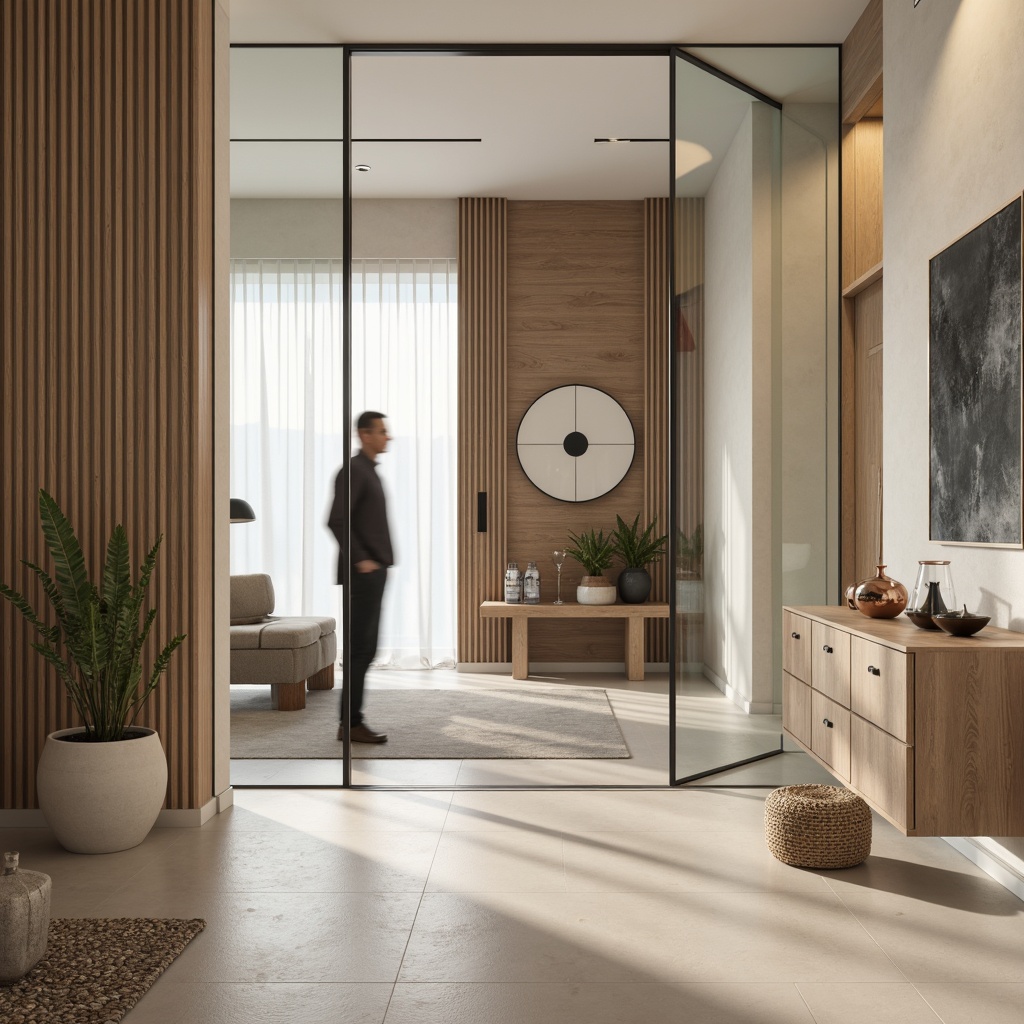 Prompt: Modern entryway, sleek glass doors, polished metal hardware, minimalist decor, neutral color palette, creamy whites, warm beiges, rich woods, subtle grays, bold accent walls, geometric patterns, natural textiles, soft ambient lighting, shallow depth of field, 1/2 composition, realistic reflections, detailed normal maps.