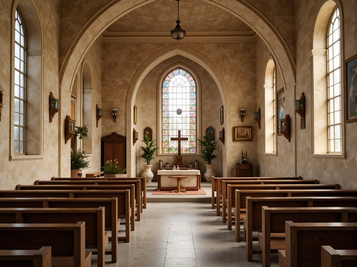 Prompt: Soft, serene chapel interior, distressed wooden pews, vintage religious artifacts, ornate stained glass windows, warm beige stone walls, creamy white marble altars, faded floral patterns, pastel-hued frescoes, gentle candlelight, soft focus, shallow depth of field, 1/1 composition, warm color temperature, subtle texture overlay, mystical ambiance.