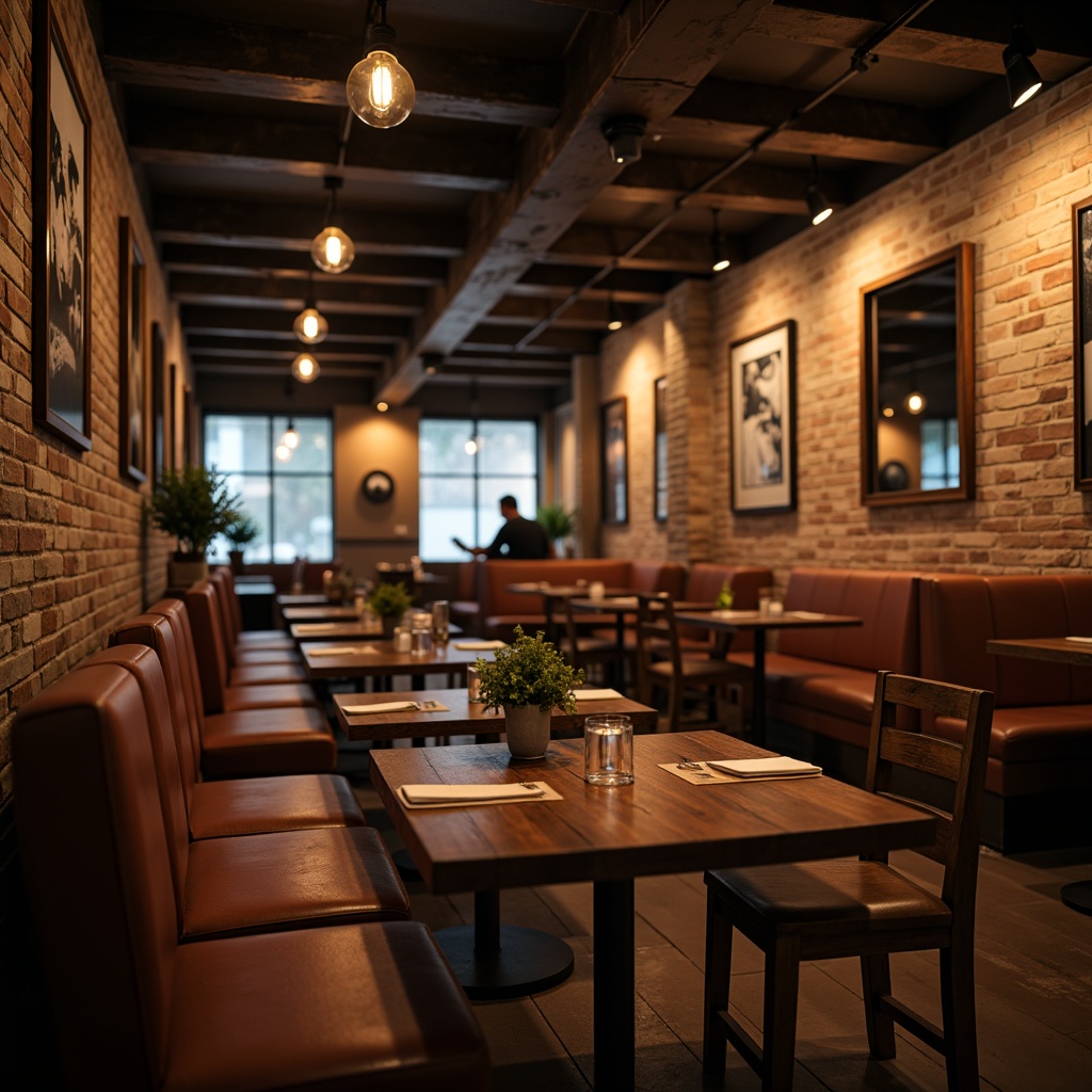 Prompt: Warm industrial-chic restaurant, reclaimed wood accents, exposed brick walls, metal beam ceilings, pendant lighting fixtures, vintage Edison bulbs, matte black finishes, rustic wooden tables, comfortable upholstered booths, soft warm ambient lighting, subtle color temperature shifts, 1/2 composition, realistic textures, depth of field blur.