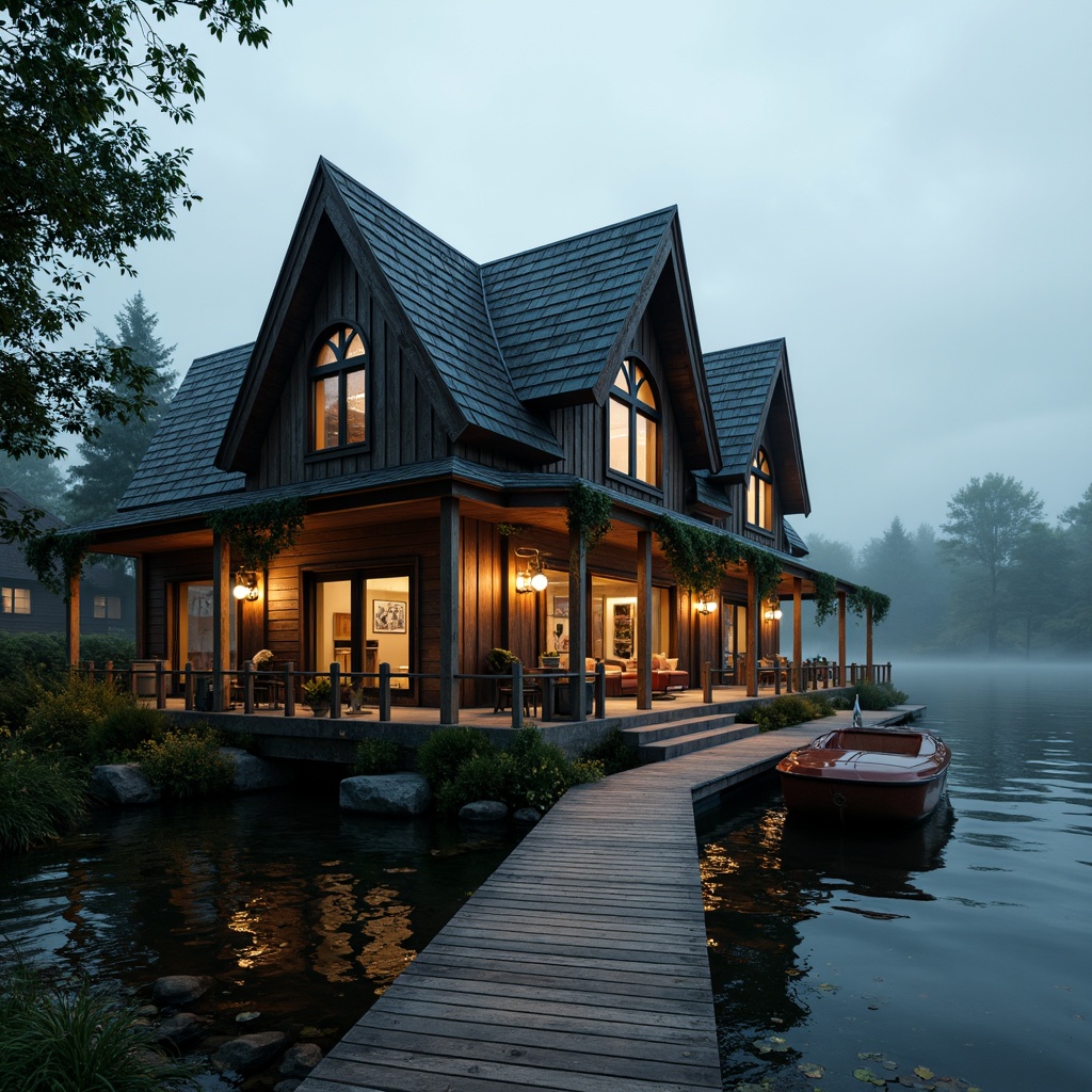 Prompt: Rustic boathouse, wooden dock, worn stone walls, steeply pitched roofs, pointed arch windows, ornate wood carvings, heavy iron door hinges, mysterious lanterns, weathered copper accents, moss-covered stones, overhanging eaves, intricate tracery, stained glass windows, rich velvet drapes, warm candle lighting, misty lake surroundings, foggy morning atmosphere, shallow depth of field, 2/3 composition, cinematic view, detailed textures, soft ambient occlusion.