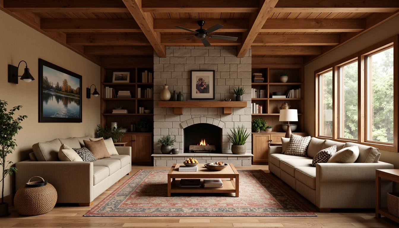 Prompt: Cozy Craftsman family room, warm earthy tones, rich wood accents, plush sectional sofas, comfortable oversized armchairs, wooden coffee tables, vintage metal lamps, natural fiber rugs, woven baskets, stone fireplace, built-in bookshelves, soft warm lighting, 1/1 composition, shallow depth of field, realistic textures.