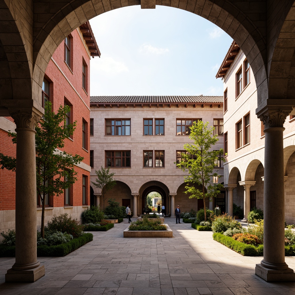 Prompt: Renaissance-inspired campus buildings, ornate stone facades, grandiose entrance archways, decorative cornices, classical columns, symmetrical layouts, vibrant red-brick walls, greenery-filled courtyards, tranquil water features, soft warm lighting, 1/1 composition, shallow depth of field, panoramic view, realistic textures, ambient occlusion.