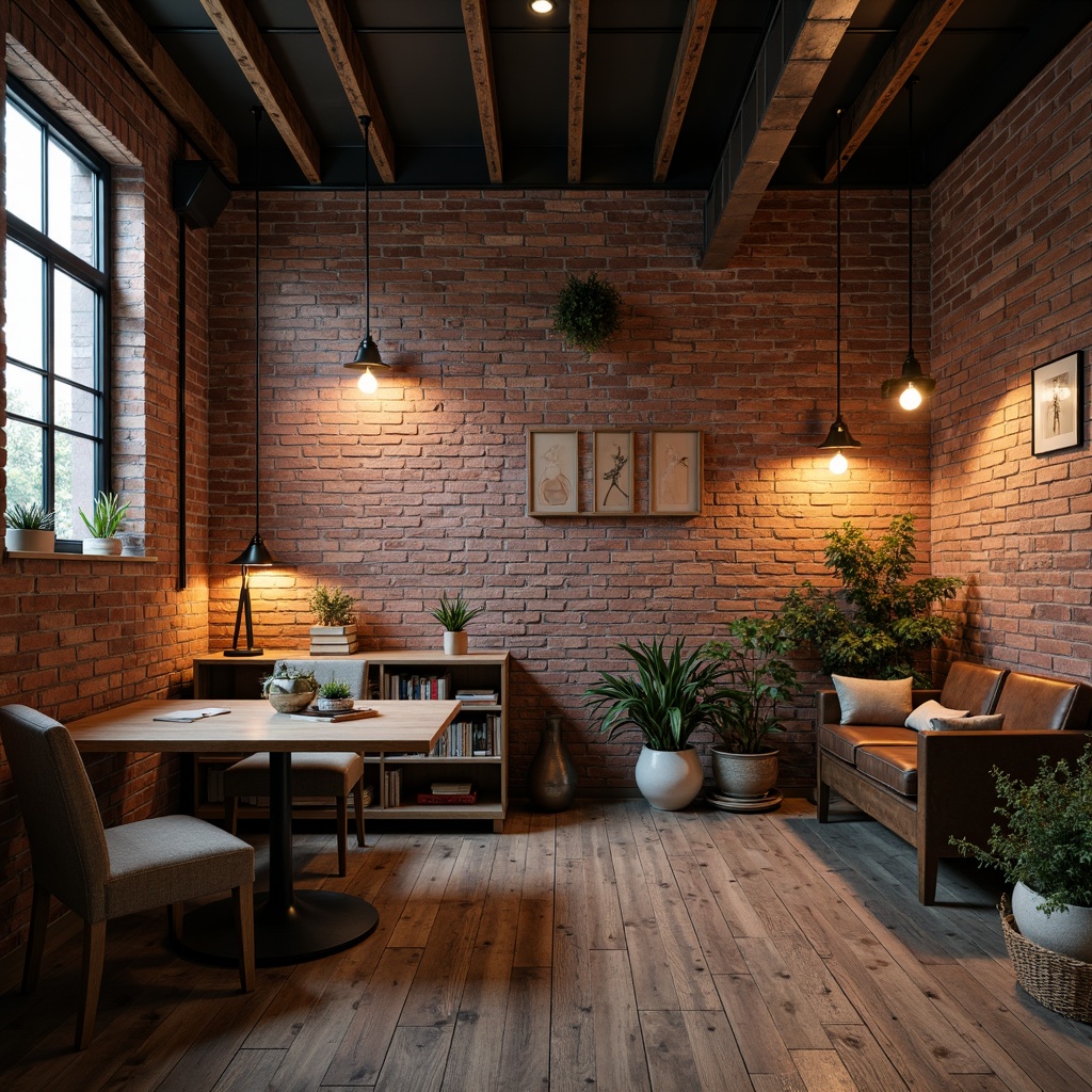 Prompt: Exposed brick walls, industrial-style metal beams, reclaimed wood flooring, minimalist decor, urban loft atmosphere, warm softbox lighting, pendant lamps, Edison bulbs, metal shades, distressed finishes, vintage furniture pieces, neutral color palette, subtle texture contrasts, cozy reading nooks, task-oriented desk lamps, dimmable floor lamps, warm white light temperature, low-key ambient glow, 1/1 composition, intimate close-ups, realistic shadows, soft focus blur.