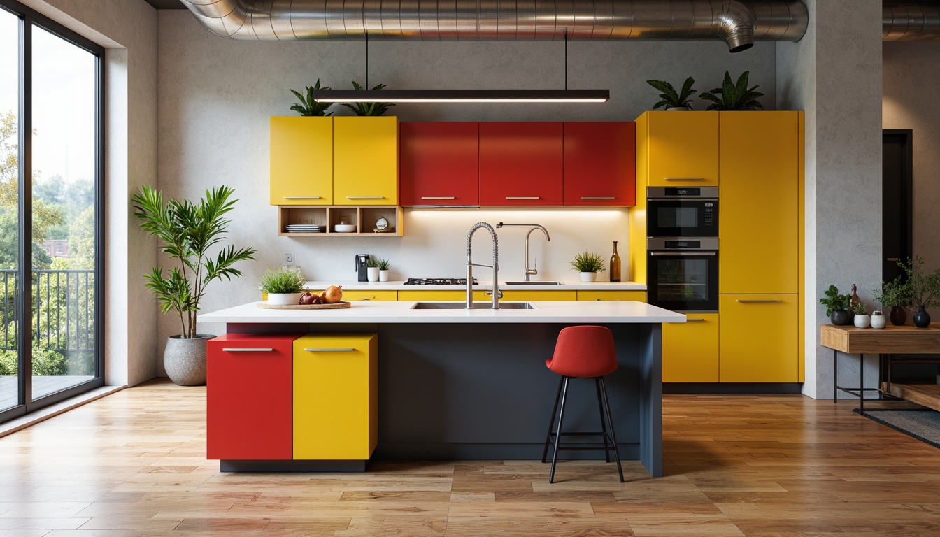 Prompt: Clean-lined kitchen island, handle-less cabinets, bold primary colors, industrial metal accents, functional layout, geometric shapes, minimalist decor, sleek countertops, modern appliances, stainless steel fixtures, hardwood flooring, natural light pouring in, airy open space, shallow depth of field, 1/1 composition, realistic textures, ambient occlusion.