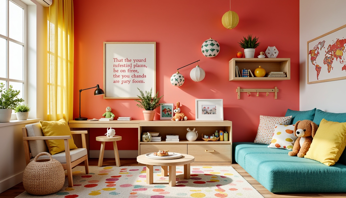 Prompt: Vibrant kids' room, whimsical expressionist style, bright coral walls, turquoise furniture, sunshine yellow accents, creamy white trim, playful polka dot patterns, bold brushstroke textures, oversized stuffed animals, colorful rug, modern minimalist shelving, fun geometric mobiles, creative art supplies, inspiring quotes, soft warm lighting, shallow depth of field, 1/1 composition, intimate close-up shots, realistic fabric renderings, ambient occlusion.Let me know if this meets your expectations!