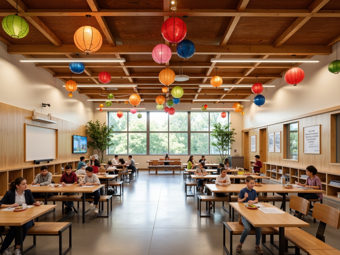 Prompt: Vibrant Asian-inspired middle school, wooden accents, natural textures, colorful lanterns, curved lines, minimal ornamentation, ergonomic desks, comfortable seating, collaborative workspaces, interactive whiteboards, educational posters, motivational quotes, soft warm lighting, shallow depth of field, 3/4 composition, panoramic view, realistic wood grain, ambient occlusion, cultural symbols, traditional motifs, harmonious color palette.