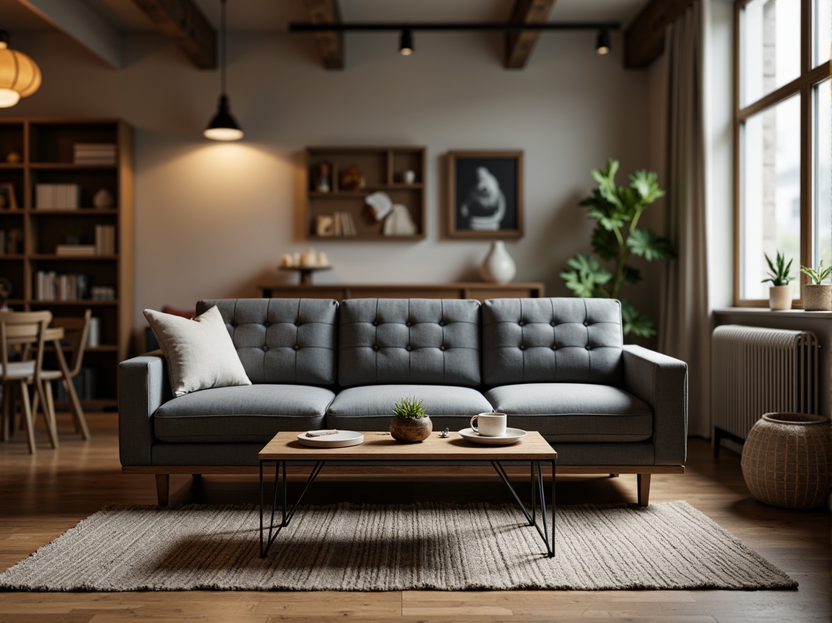 Prompt: Mid-century modern sofa, sleek wooden legs, velvet upholstery, tufted buttons, minimalist coffee table, geometric metal base, industrial chic lighting, reclaimed wood accents, cozy throw pillows, natural fiber rugs, earthy color palette, warm ambient lighting, shallow depth of field, 1/1 composition, realistic textures, soft focus effect.