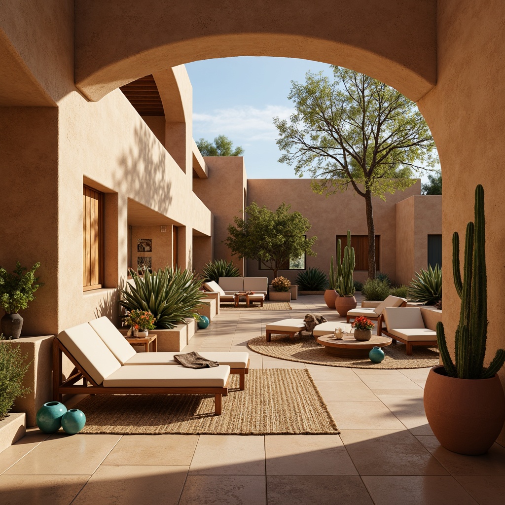 Prompt: Earthy amphitheater, southwestern inspired interior design, warm beige stucco walls, rustic wooden accents, vibrant turquoise pottery, woven textiles, natural fiber rugs, cozy throw blankets, earthy terracotta planters, lush greenery, desert cacti, warm golden lighting, soft shadowing, atmospheric perspective, 1/2 composition, realistic textures, ambient occlusion.