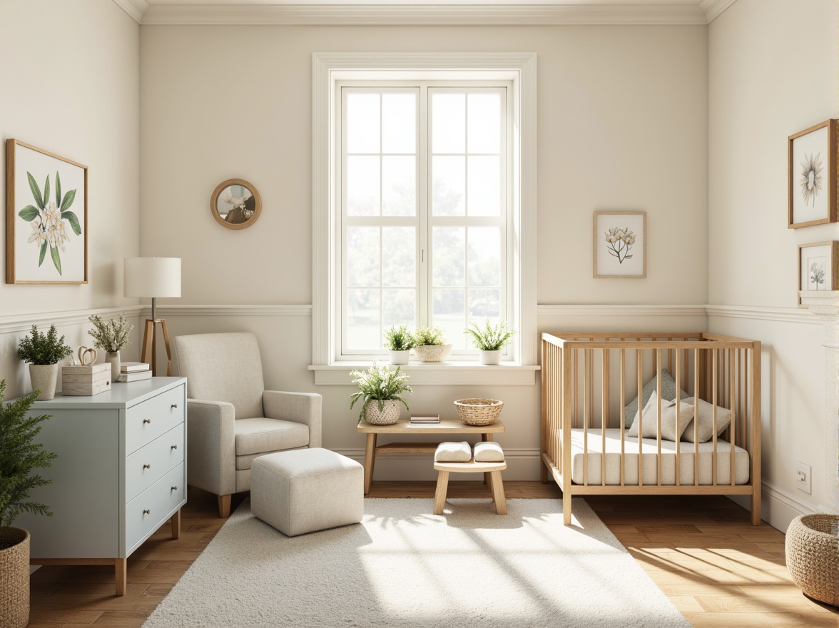 Prompt: Soft pastel nursery, calming atmosphere, gentle cream walls, soothing pale blue furniture, warm beige accents, natural wood crib, plush white rug, delicate floral patterns, subtle texture contrasts, cozy reading nook, warm golden lighting, shallow depth of field, 1/2 composition, realistic rendering, ambient occlusion.