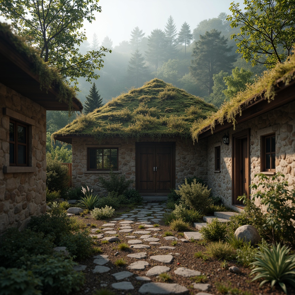 Prompt: Rustic wooden cabin, weathered stone walls, earthy tones, moss-covered roofs, overgrown vegetation, misty morning atmosphere, soft warm lighting, shallow depth of field, 1/2 composition, intimate view, realistic textures, ambient occlusion, natural materials, organic shapes, distressed finishes, worn-out details, vintage decorative elements.