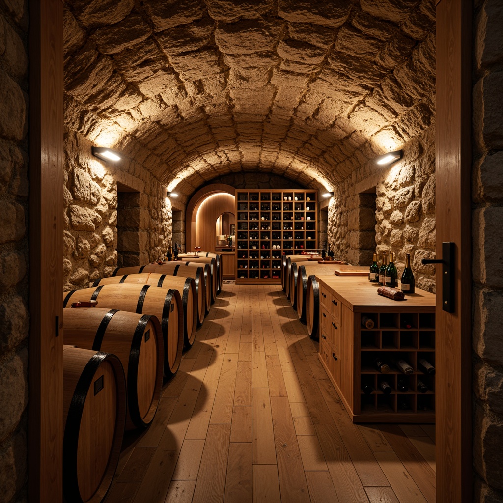 Prompt: Earthy wine cellar, rustic stone walls, wooden barrels, dimmed warm lighting, rich wood tones, natural oak floors, earthy aromas, vintage wine bottles, elegant wine racks, sophisticated storage systems, temperature control units, humidification systems, soft ambient glow, shallow depth of field, 1/2 composition, realistic textures, ambient occlusion.