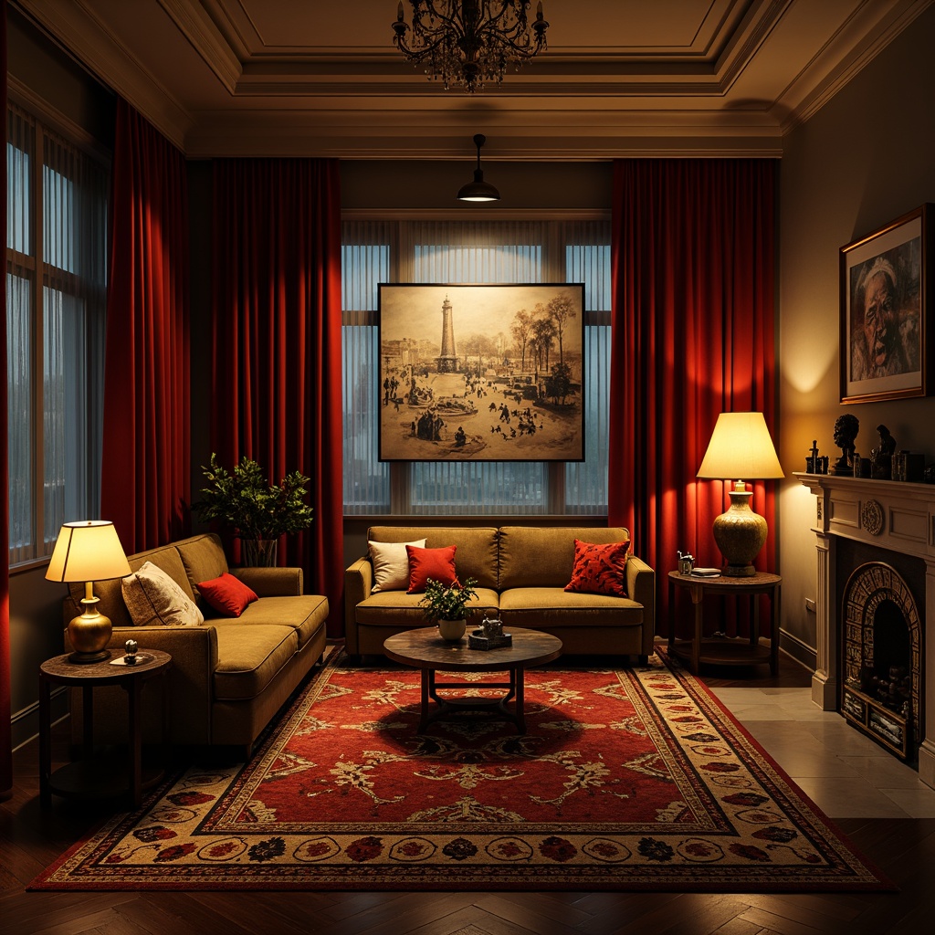 Prompt: Moody apartment interior, expressionist art pieces, rich velvet drapes, ornate metal fixtures, warm golden lighting, soft box shadows, atmospheric glow, dramatic spotlights, abstract sculptures, eclectic furniture, bold colorful accents, luxurious textiles, patterned rugs, dimmable floor lamps, table lamps with sculptural shapes, ambient wall sconces, cinematic shading, high contrast ratio, 1/2 composition, intimate atmosphere, realistic reflections.